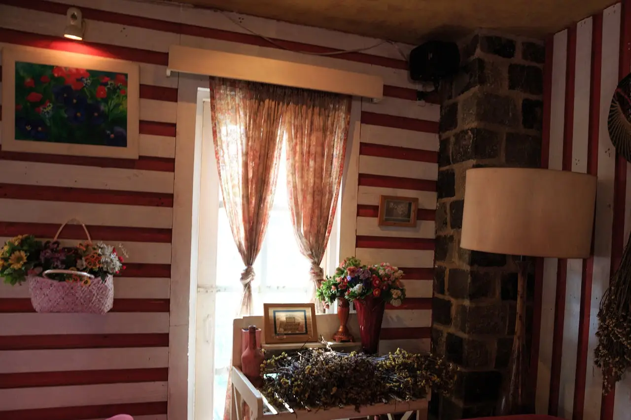 Room Two Brown Window Curtains Inside White and Red Room